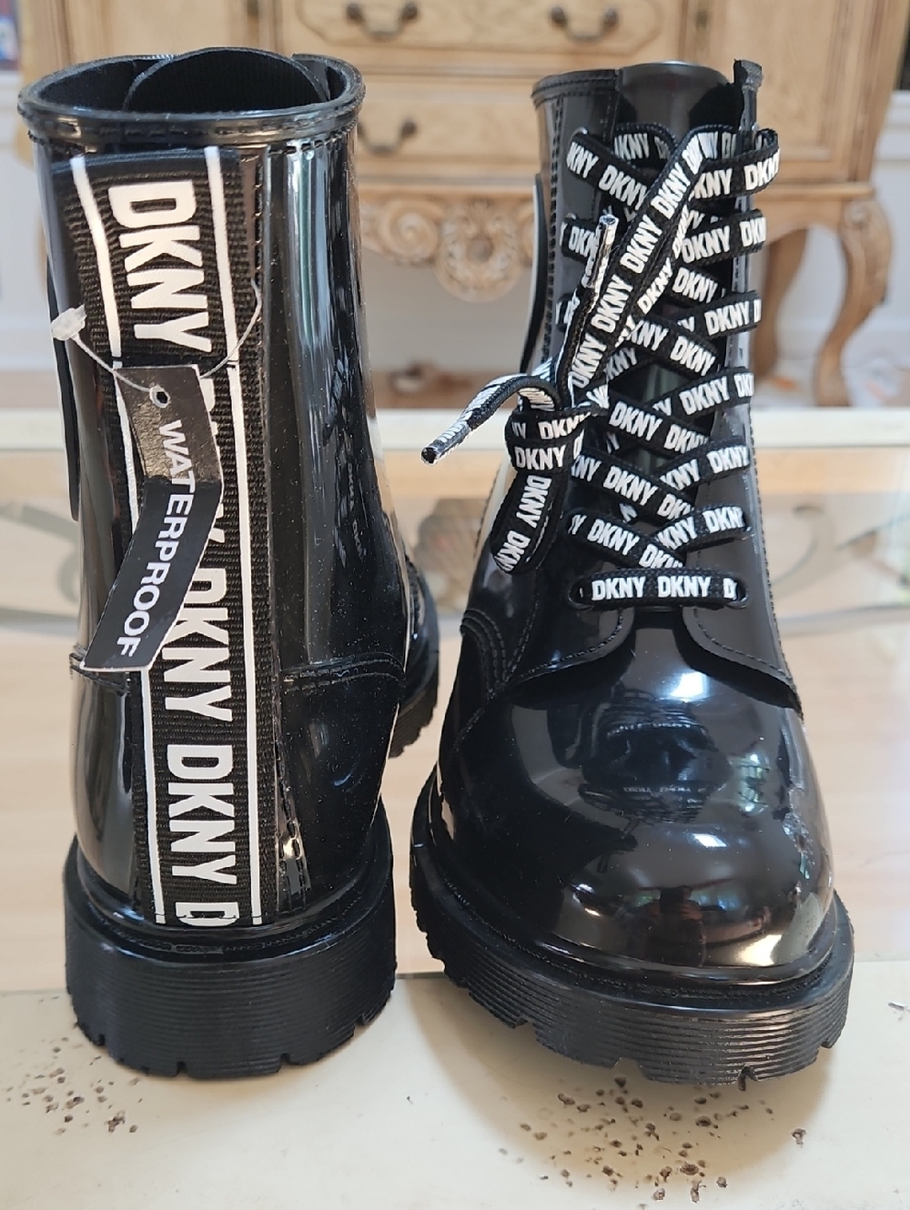 DKNY Black Patent Waterproof Lace-Up Combat Boots